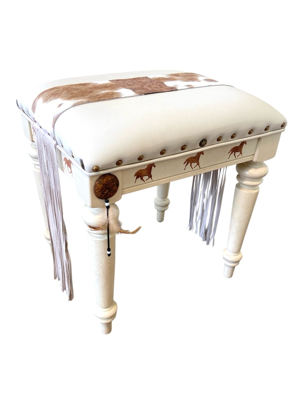 Rustic Western Vanity Stool Cowhide Leather Fringe Horse Accent Country Ottoman